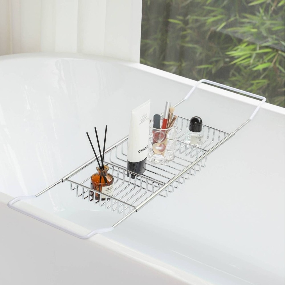 バスタブトレー 伸縮 バスラック 通販 バスタブラック 浴室用ラック バステーブル テーブル トレー ラック スライド式 浴槽 お風呂 水切り バスタブトレー |  | 01