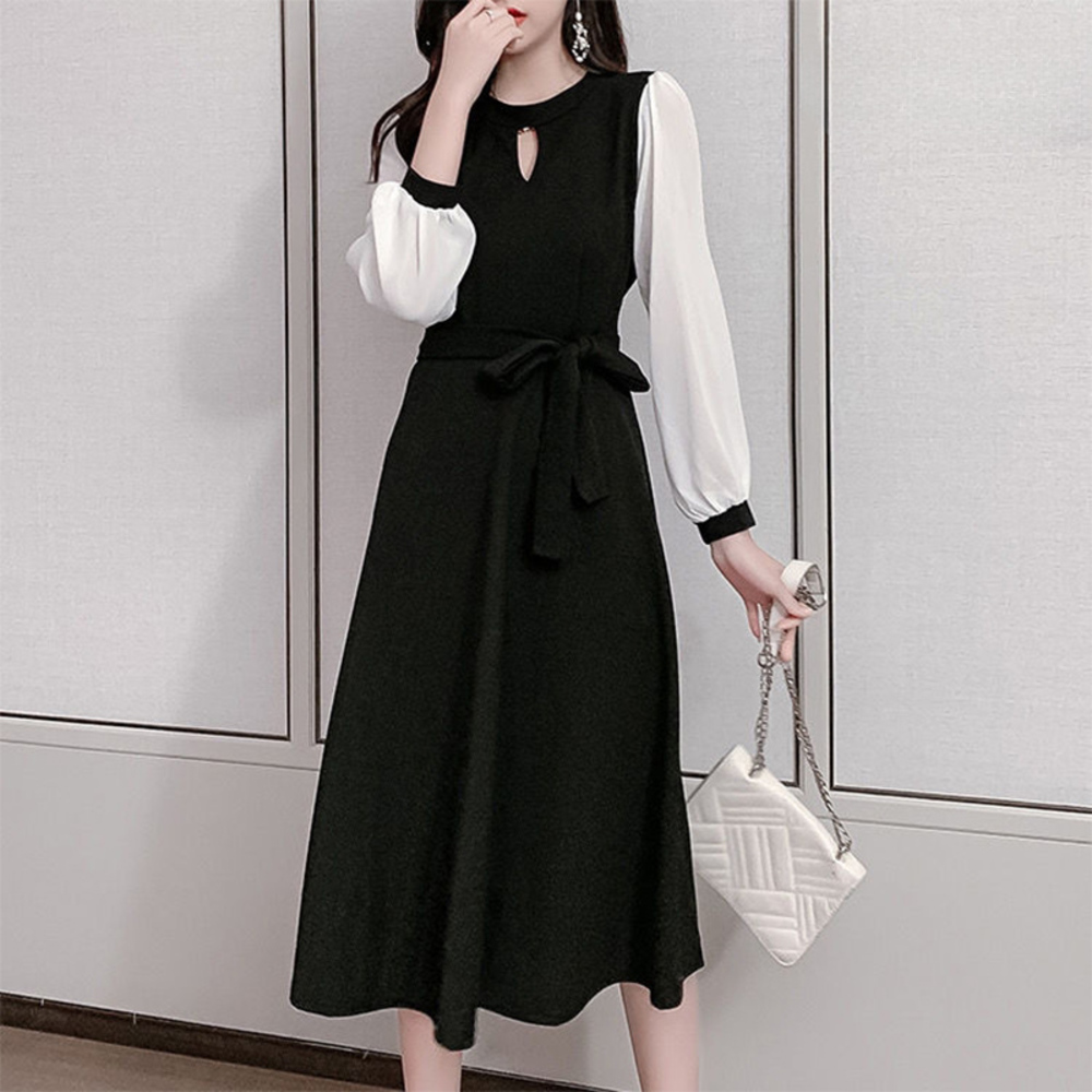 ワンピース レディース 通販 ロング ミディアム 長袖 ウエストマーク バイカラー きれいめ おしゃれ オシャレ ラウンドネック Aライン ワンピ ワンピース | BACKYARD FAMILY | 01