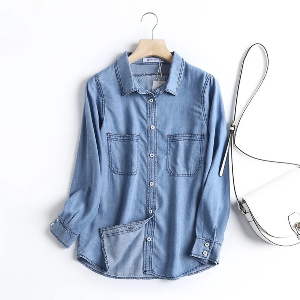 デニムシャツ レディース 通販 シャツ おしゃれ デニム トップス 長袖 カジュアル 襟付き カジュアルシャツ 春 秋 ダンガリーシャツ 無地 ブルー シンプル |  | 01