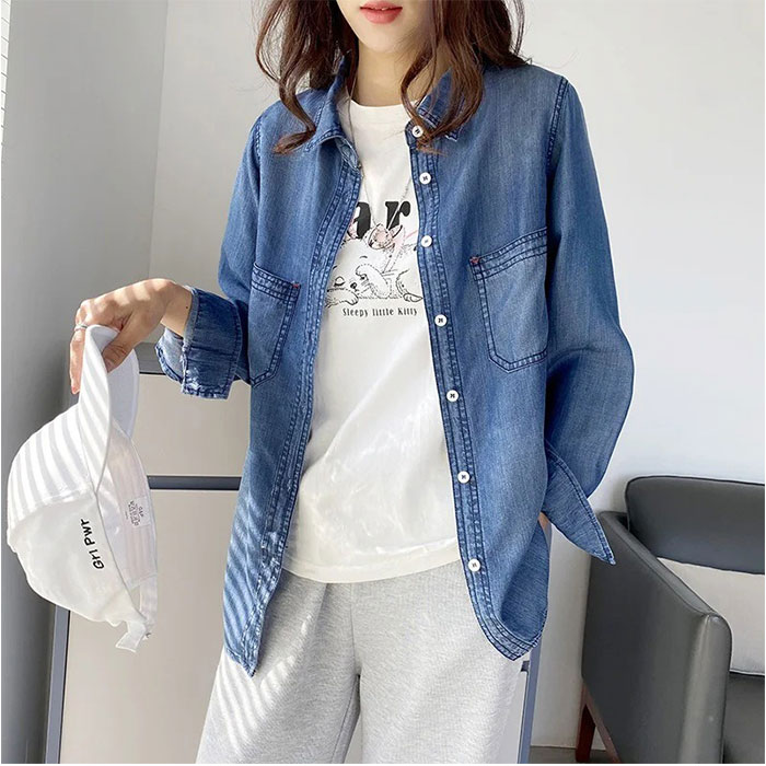 デニムシャツ レディース 通販 シャツ おしゃれ デニム トップス 長袖 カジュアル 襟付き カジュアルシャツ 春 秋 ダンガリーシャツ 無地 ブルー シンプル |  | 13