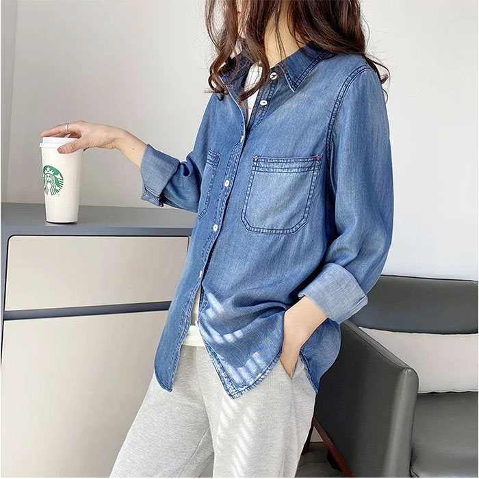 デニムシャツ レディース 通販 シャツ おしゃれ デニム トップス 長袖 カジュアル 襟付き カジュアルシャツ 春 秋 ダンガリーシャツ 無地 ブルー シンプル |  | 14