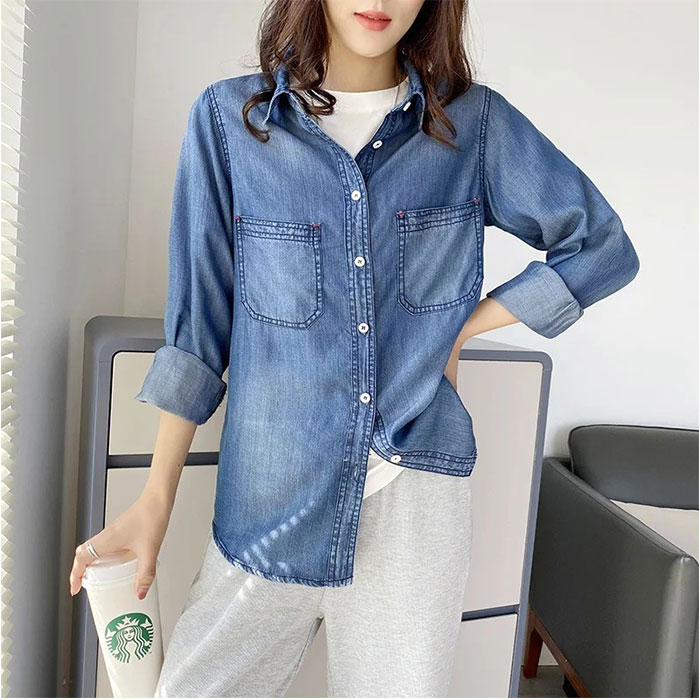 デニムシャツ レディース 通販 シャツ おしゃれ デニム トップス 長袖 カジュアル 襟付き カジュアルシャツ 春 秋 ダンガリーシャツ 無地 ブルー シンプル |  | 16