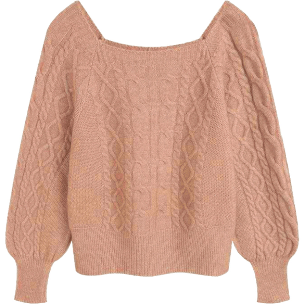 ニット レディース 長袖 通販 スクエアネック セーター ニットセーター プルオーバー トップス 冬 秋冬 ケーブルニット ショート丈 ボリューム袖 ぽわん袖 | BACKYARD FAMILY | 01