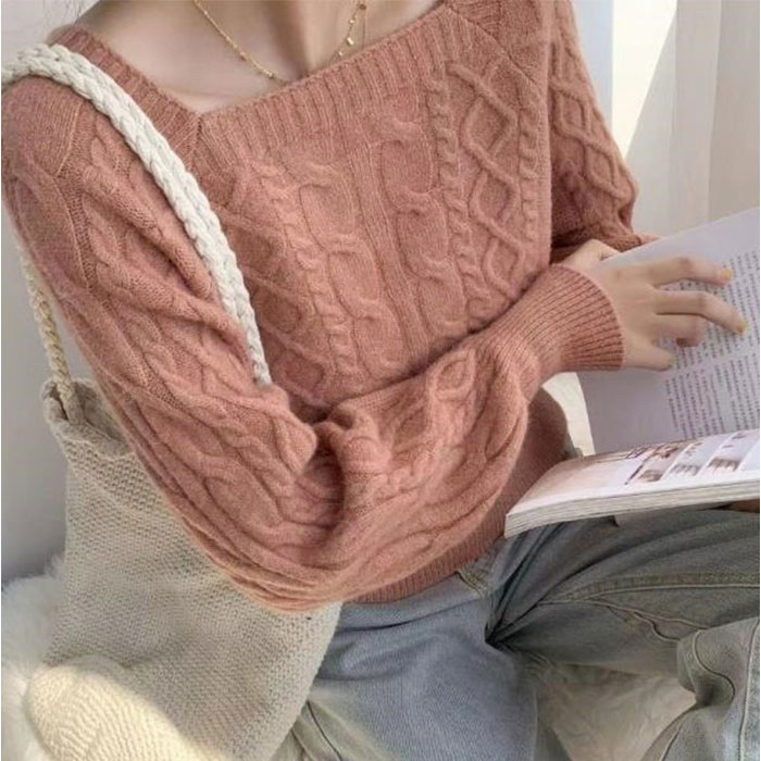 ニット レディース 長袖 通販 スクエアネック セーター ニットセーター プルオーバー トップス 冬 秋冬 ケーブルニット ショート丈 ボリューム袖 ぽわん袖 | BACKYARD FAMILY | 07