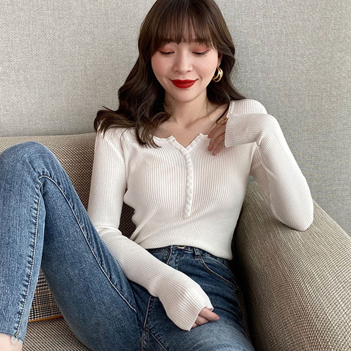 インナーニット トップス 通販 長袖ニット レディース 薄手 Vネック リブニット ニット 長袖 きれいめ レイヤード フロントボタン シンプル 無地 インナーニット |  | 02