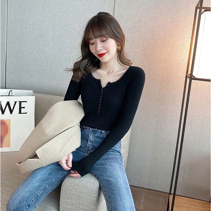 インナーニット トップス 通販 長袖ニット レディース 薄手 Vネック リブニット ニット 長袖 きれいめ レイヤード フロントボタン シンプル 無地 インナーニット |  | 05