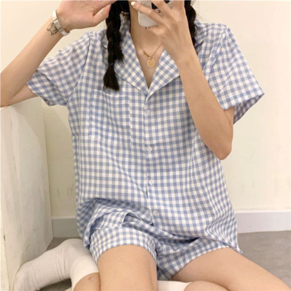パジャマ レディース 半袖 短パン 通販 前開き ルームウェア ショートパンツ 夏 上下 部屋着 セットアップ 入院 かわいい おしゃれ シンプル チェック パジャマ | BACKYARD FAMILY | 01