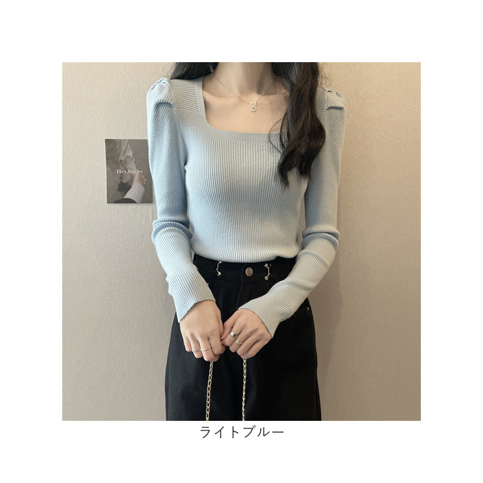 ニット セーター レディース 通販 ニットセーター シャツ スリーブセーター ニットソー スクエアネック 長袖 パフスリーブ ローネック かわいい 無地 ニット |  | 07