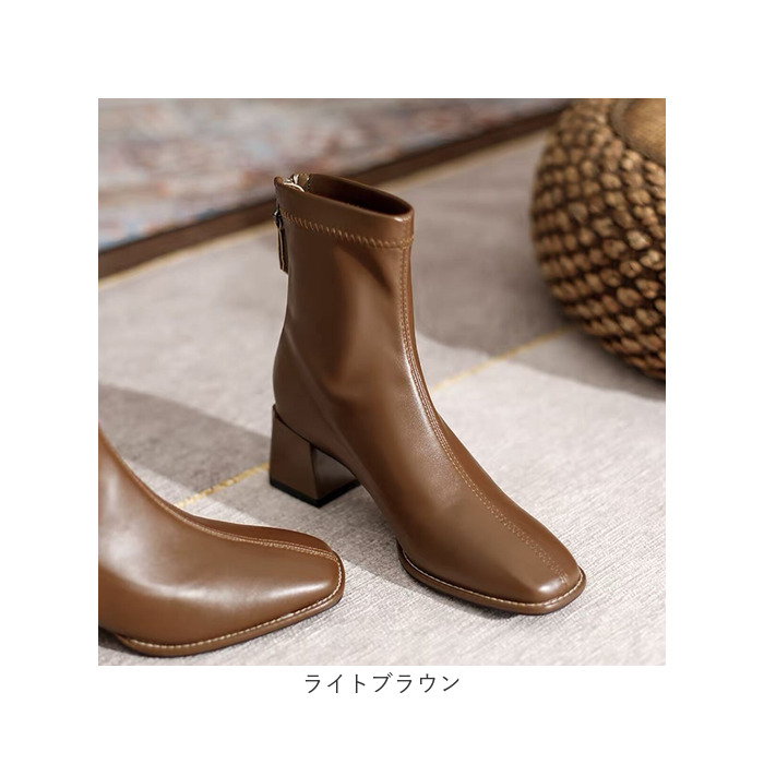 ブーツ レディース ショート 通販 靴 くつ クツ シューズ ヒール チャンキーヒール 5cm スクエアトゥ 歩きやすい きれいめ ストレッチ 伸縮性 軽量 | BACKYARD FAMILY | 16