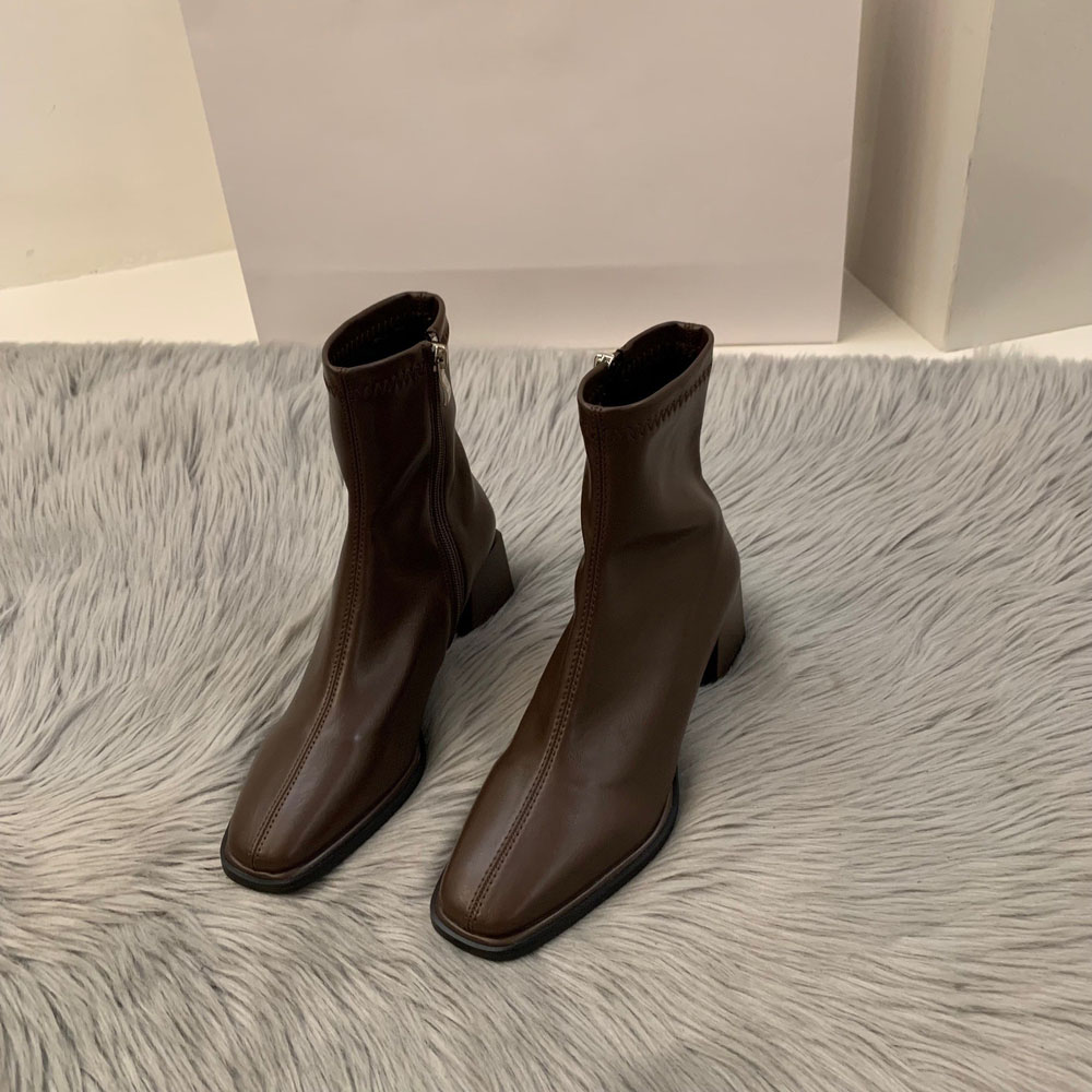 ブーツ レディース ショート 通販 靴 くつ クツ シューズ ヒール チャンキーヒール スクエアトゥ 歩きやすい ストレッチ 伸縮性 PU レザー ファスナー ブーツ | BACKYARD FAMILY | 01