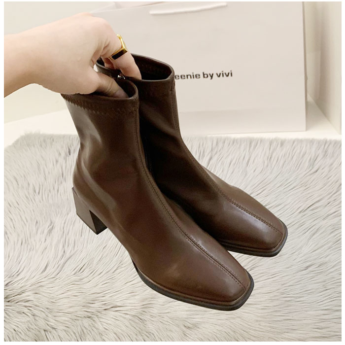 ブーツ レディース ショート 通販 靴 くつ クツ シューズ ヒール チャンキーヒール スクエアトゥ 歩きやすい ストレッチ 伸縮性 PU レザー ファスナー ブーツ | BACKYARD FAMILY | 12