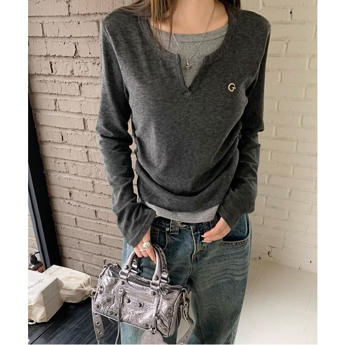 レディース 長袖 通販 カットソー 重ね着風トップス レイヤード風ロンT カジュアル きれいめ無地 スリムフィット 通学通勤 あったか防寒 | BACKYARD FAMILY | 04