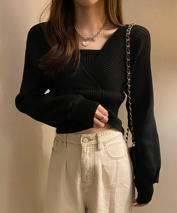 ニット レディース 長袖 通販 ショート丈 レディースニットセーター 長袖ニット レイヤード風ニット トップス プルオーバー カシュクール 秋冬 可愛い ニット | DiamondHearts | 03