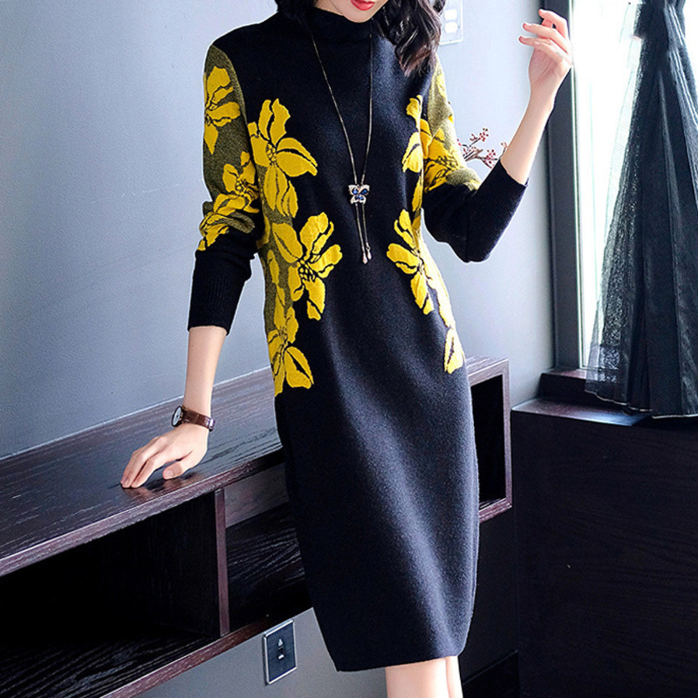 ニットワンピース 秋冬 通販 ニットワンピ ワンピ ミドル丈 長袖 ひざ丈 花柄 タートルネック ハイネック カジュアル 体型カバー 大人可愛い ニットワンピース | BACKYARD FAMILY | 02