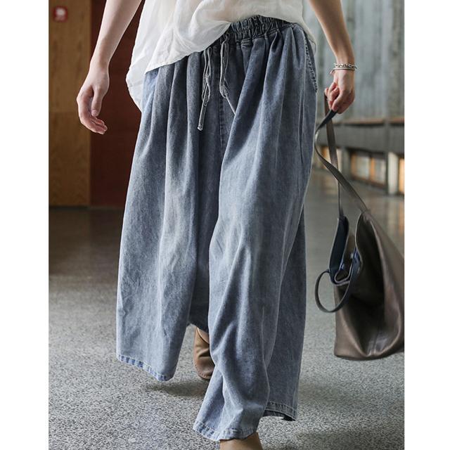 ワイドパンツ デニム 通販 レディース 大きいサイズ 春 夏 デニムワイドパンツ ゴム ボトムス 無地 ズボン 大人 カジュアル きれいめ おしゃれ  ワイドパンツ | BACKYARD FAMILY | 01