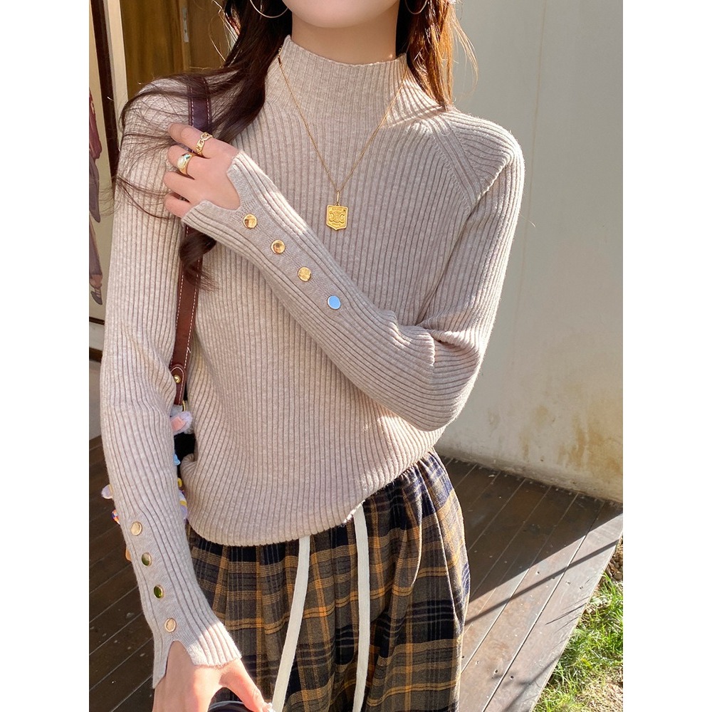 ニット トップス 長袖 通販 レディースニット プルオーバー クルーネック リブニット 袖先 スリット きれいめ 袖 ボタン カジュアル 着回し ニット |  | 05