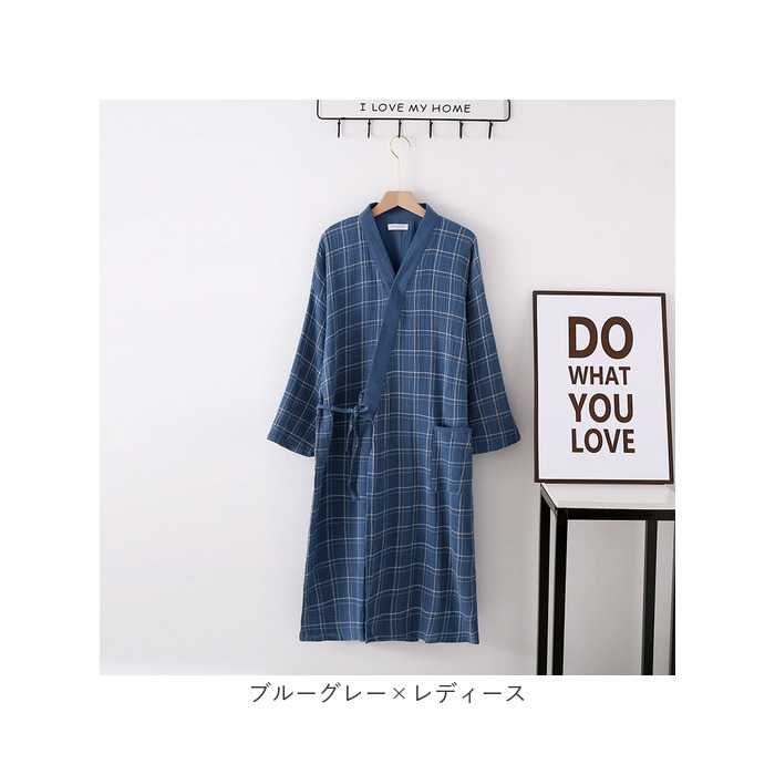 バスローブ ガーゼコットン 長袖 通販 ガウン ナイトガウン 部屋着 パジャマ 羽織 羽織り 薄手 レディース メンズ ユニセックス 薄い 柄 チェック柄  バスローブ |  | 09