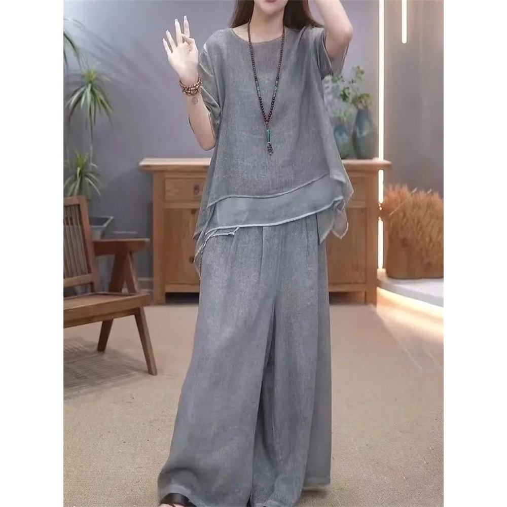 セットアップ レディース カジュアル 通販 ワイドパンツ パンツ 夏 ブラウス 半袖 シャツ 春夏 上下セット ロングパンツ 体型カバー ゆったり セットアップ | BACKYARD FAMILY | 02