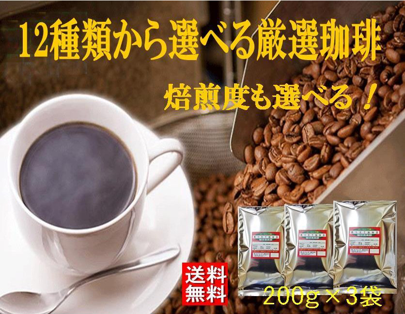 コーヒー豆 計600ｇ 12点の珈琲豆から焙煎度も選べる3点 計600ｇセット