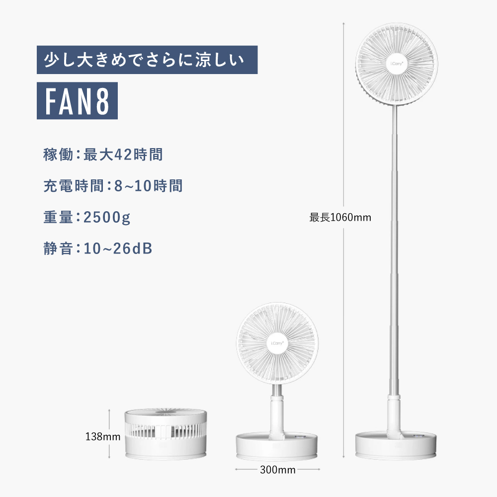 めざましテレビで紹介 FAN8 コードレス扇風機 i.Carry コードレスファン 充電式 充電 アウトドア 折りたたみ コードレス |  | 10
