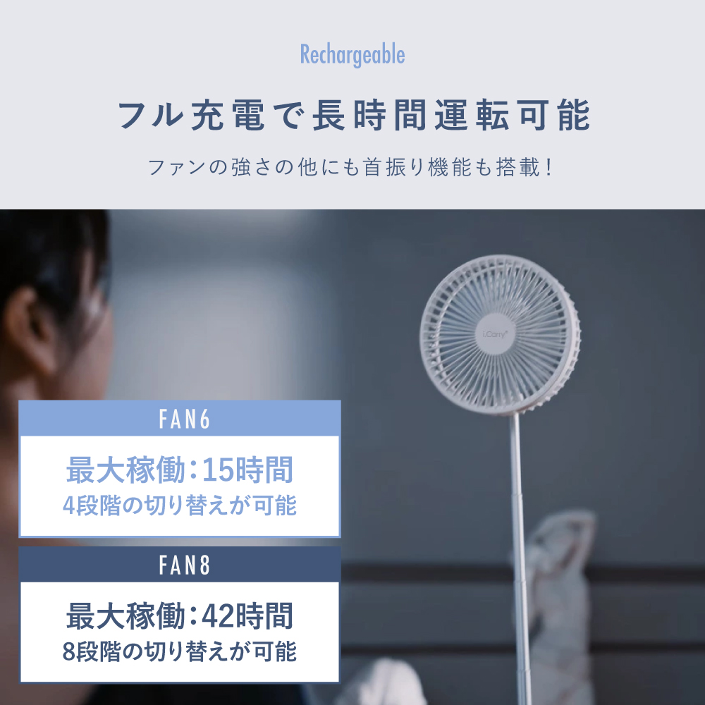 コードレス折りたためる首振り扇風機　コードレス　屋外　キャンプにも 30cm 大型【めざましテレビ紹介】i.Carry コードレス扇風機 首