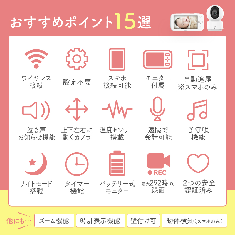 ベビーモニター ワイヤレス モニター付き 高画質 大画面 録画対応 ネット不要 wifi不要 ベビーカメラ 防犯カメラ スマホ不要 無線 録画 温度 音声 会話の画像