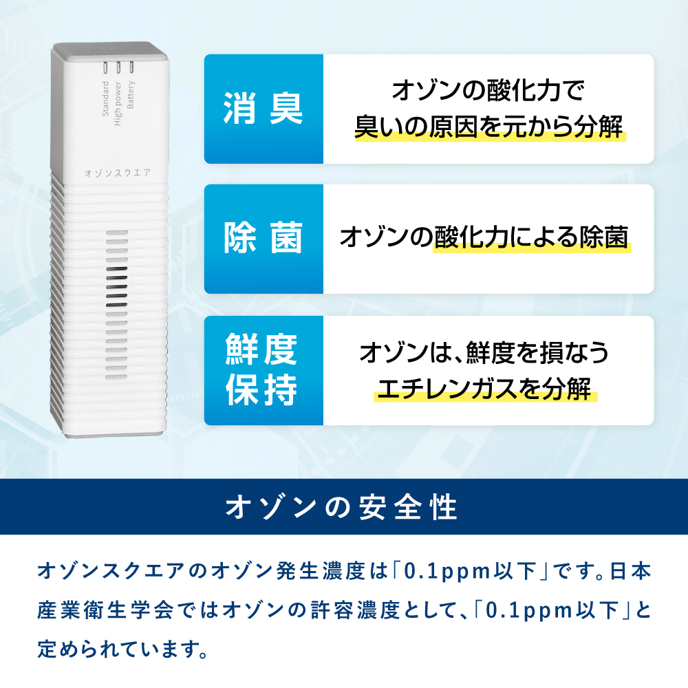 オゾン発生器 オゾン脱臭機 冷蔵庫 脱臭 除菌 鮮度保持オゾンスクエア 日本製 家庭用 小型 充電式 静音｜bakaure-onlineshop｜03