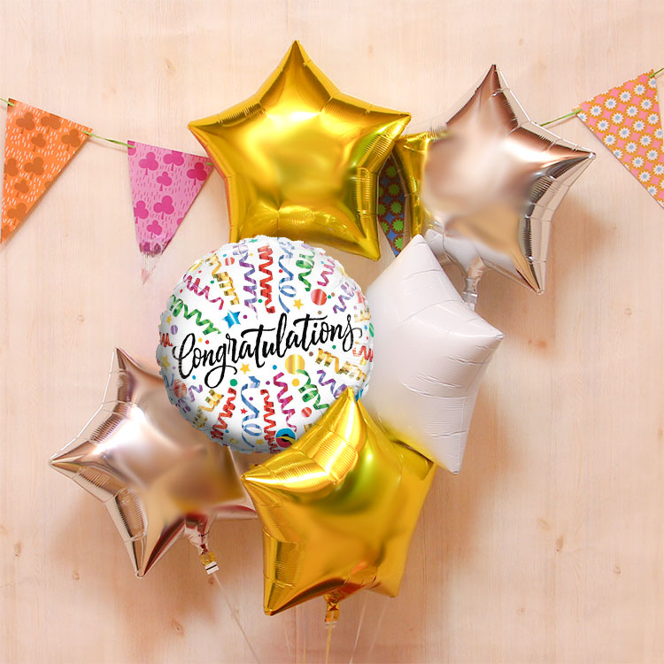 バルーン電報 5つのスターの浮き型バルーン・バルーンブーケ（ゴールド