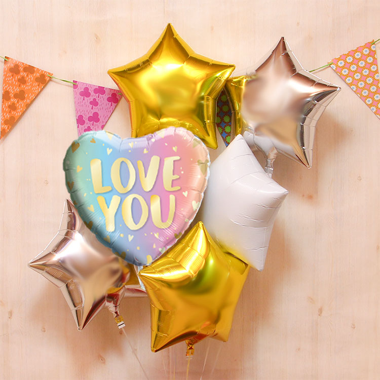 バルーン電報 5つのスターの浮き型バルーン・バルーンブーケ（ゴールド