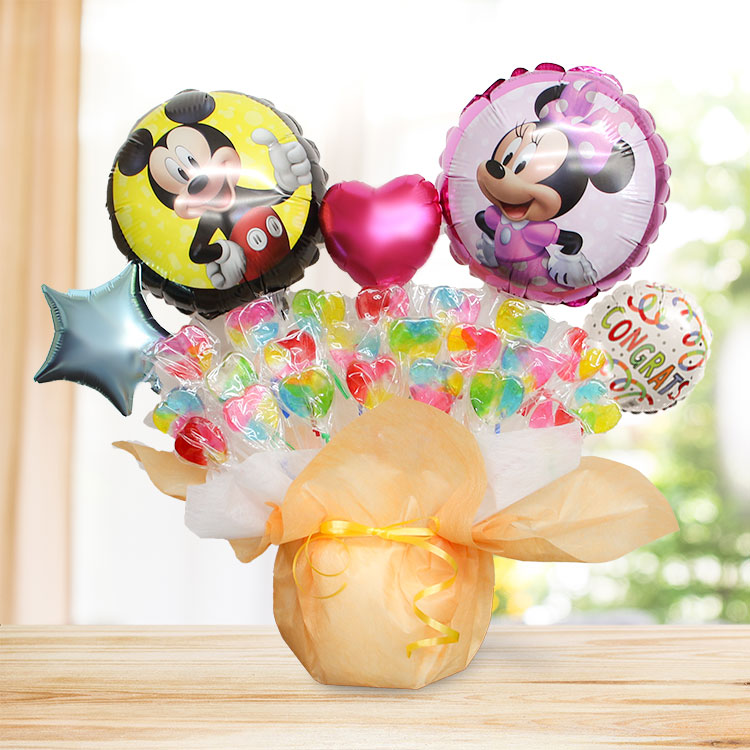 ミッキー ミニー キャンディブーケ ディズニー バルーン電報 誕生日 結婚式 出産祝い 開店祝い 発表会 記念日 バルーン ギフト キャンディーブーケ | Disney | 02