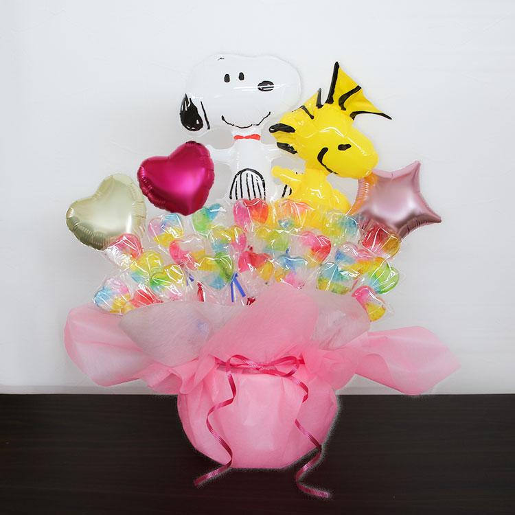 スヌーピー ピンク キャンディブーケ バルーン電報 結婚式 誕生日 発表会 出産祝い プレゼント ウェディング バースデー 祝電 バルーンギフト | SNOOPY | 01