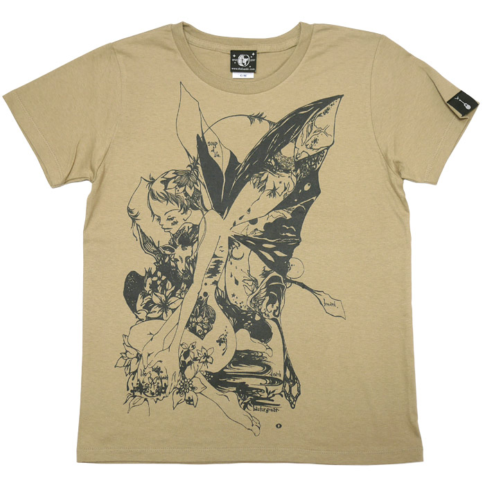 バタフライガール ガールズTシャツ (サンドカーキ) baster great -X-半袖 カットソー 蝶々柄 ちょうちょ 女の子 イラストレーション コラボ きれいめ 可愛い | レディースセレクト | 01