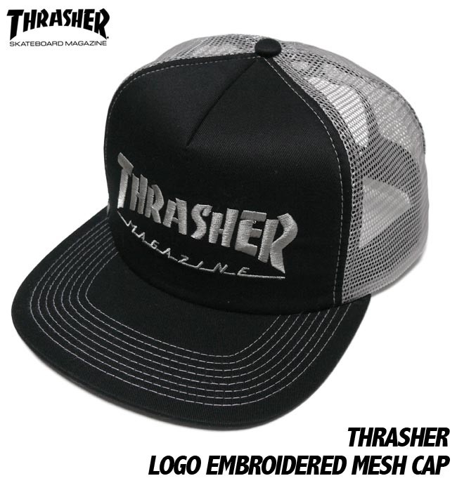 THRASHER エンブロイダード メッシュキャップ -G- スラッシャー 刺繍ロゴ スケーター パンクス 帽子 CAP ブラック×グレー | THRASHER | 01