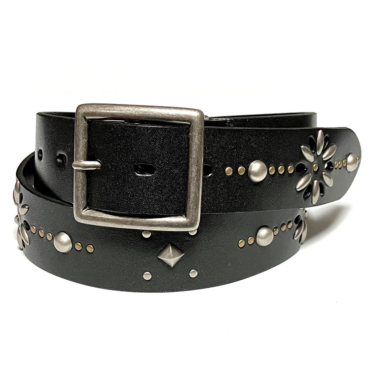 フラワースタッズ レザーベルト (ブラック) - tachiya -X- 黒色 クロ Belt 牛革 花 ロック アメカジ カジュアル ストリート セレクトアイテム | メンズセレクト | 01