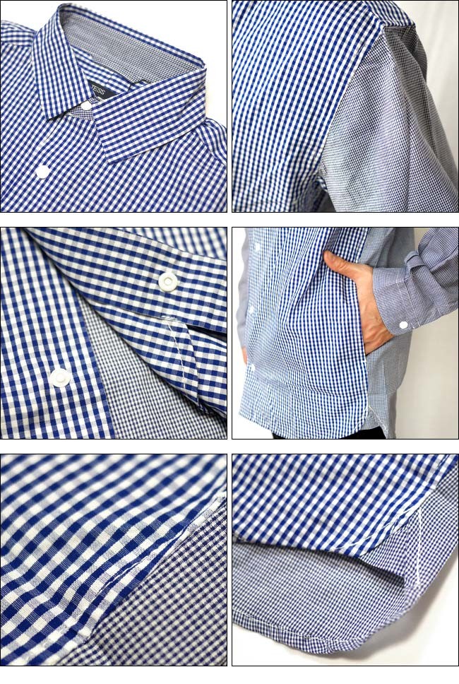 メンズセレクト ギンガムチェック 切替シャツ (ブルー) -G- 長袖 青色