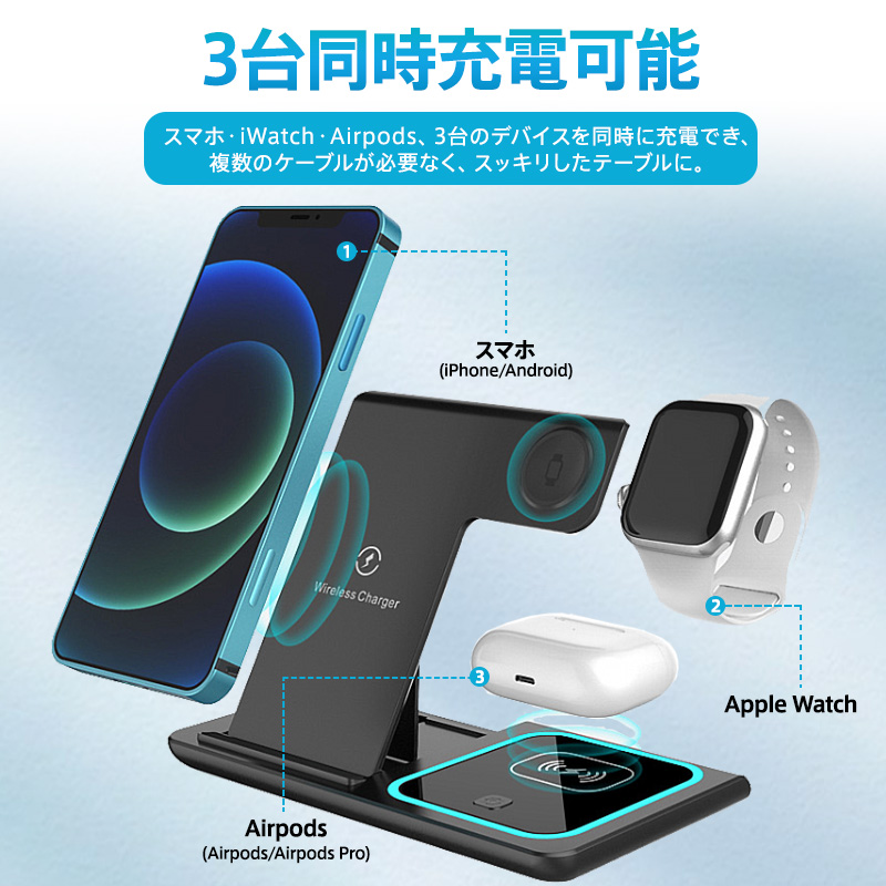 大人女性の ワイヤレス 充電器 iPhone 14 13 ブルーライト搭載 Airpods