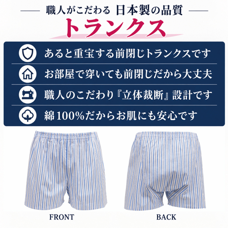 M/L/LL☆立体裁断前閉じ仕様トランクス【日本製】【ブルーストライプ柄