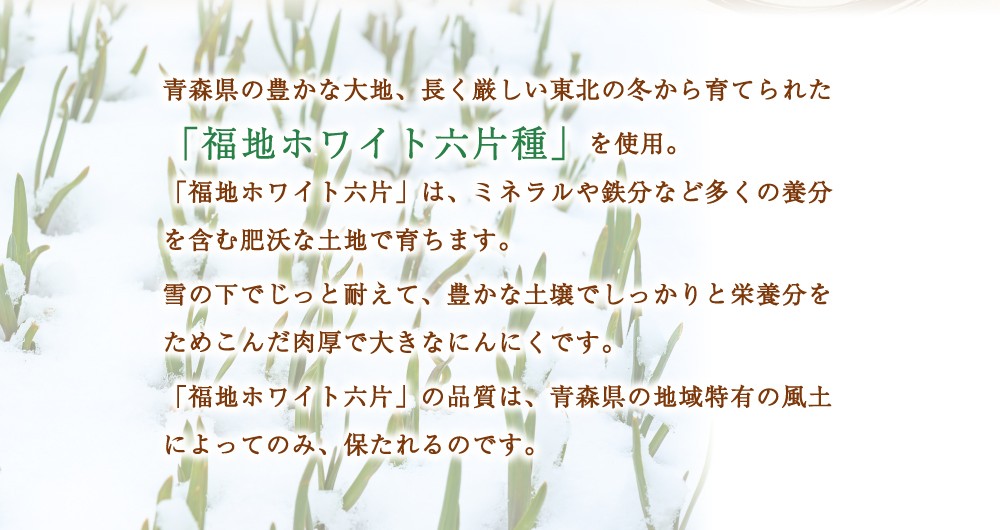 青森県の豊かな大地、長く厳しい東北の冬から育てられた「福地ホワイト六片種」を使用。「福地ホワイト六片」は、ミネラルや鉄分など多くの養分を含む肥沃な土地で育ちます。雪の下でじっと耐えて、豊かな土壌でしっかりと栄養分をためこんだ肉厚で大きなにんにくです。「福地ホワイト六片」の品質は、青森県の地域特有の風土によってのみ、保たれるのです。