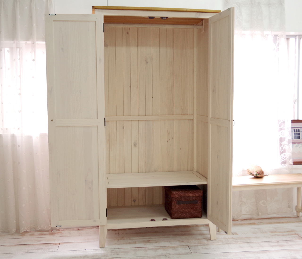 白いカントリーワードローブ フレンチカントリー巾100cm洋服掛け 洋服