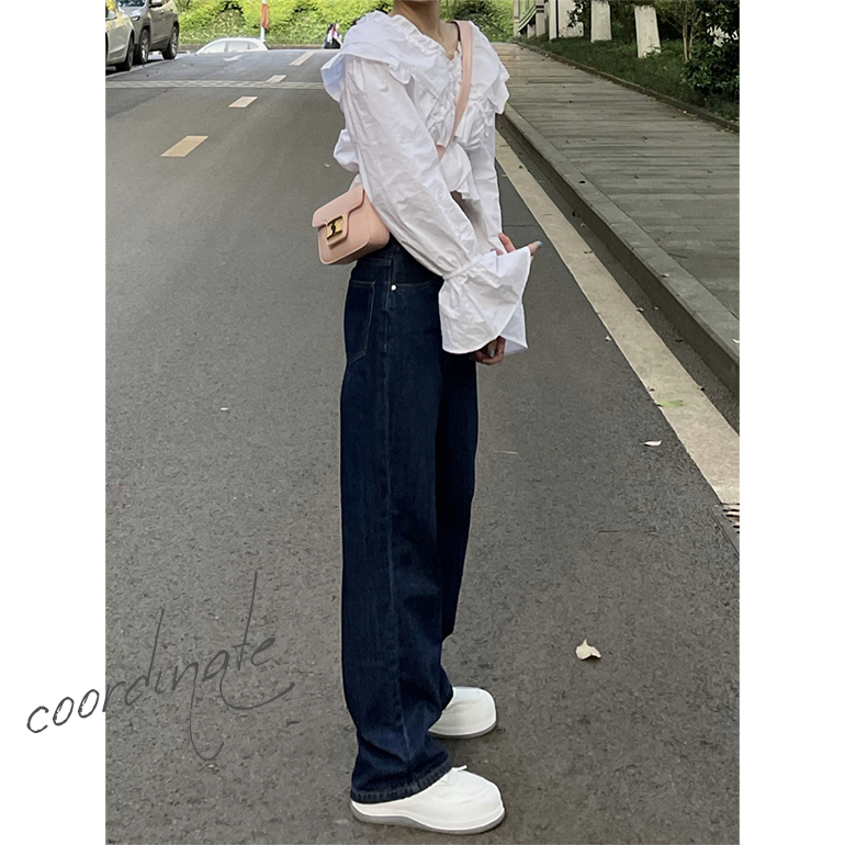 ダークブルー ハイウエスト ワイドレッグ デニムパンツ パンツ デニム ジーンズ ワイドレッグパンツ ボトムス ロング丈 ハイ