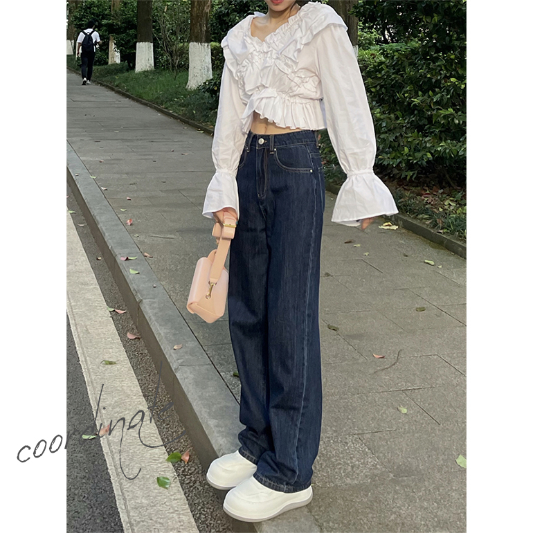 パンツ デニム ジーンズ ワイドレッグパンツ ボトムス ロング丈 ハイウエスト ストレート 秋 おしゃれ ゆったり 脚長効果 ダークブルー 送料無料 | ブランド登録なし | 01