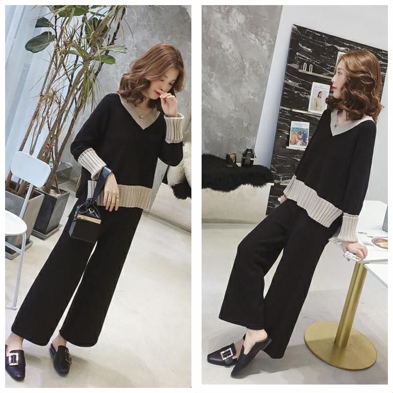 ツーピースセット Vネック ボタントップス＋ワイドレッグパンツ ニットセットアップ ワイドレッグパンツ ニットトップ すごし