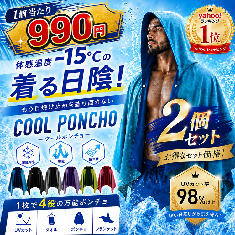 冷感ポンチョ 2個セット 1個 熱中症対策グッズ UV 接触冷感 冷感タオル
