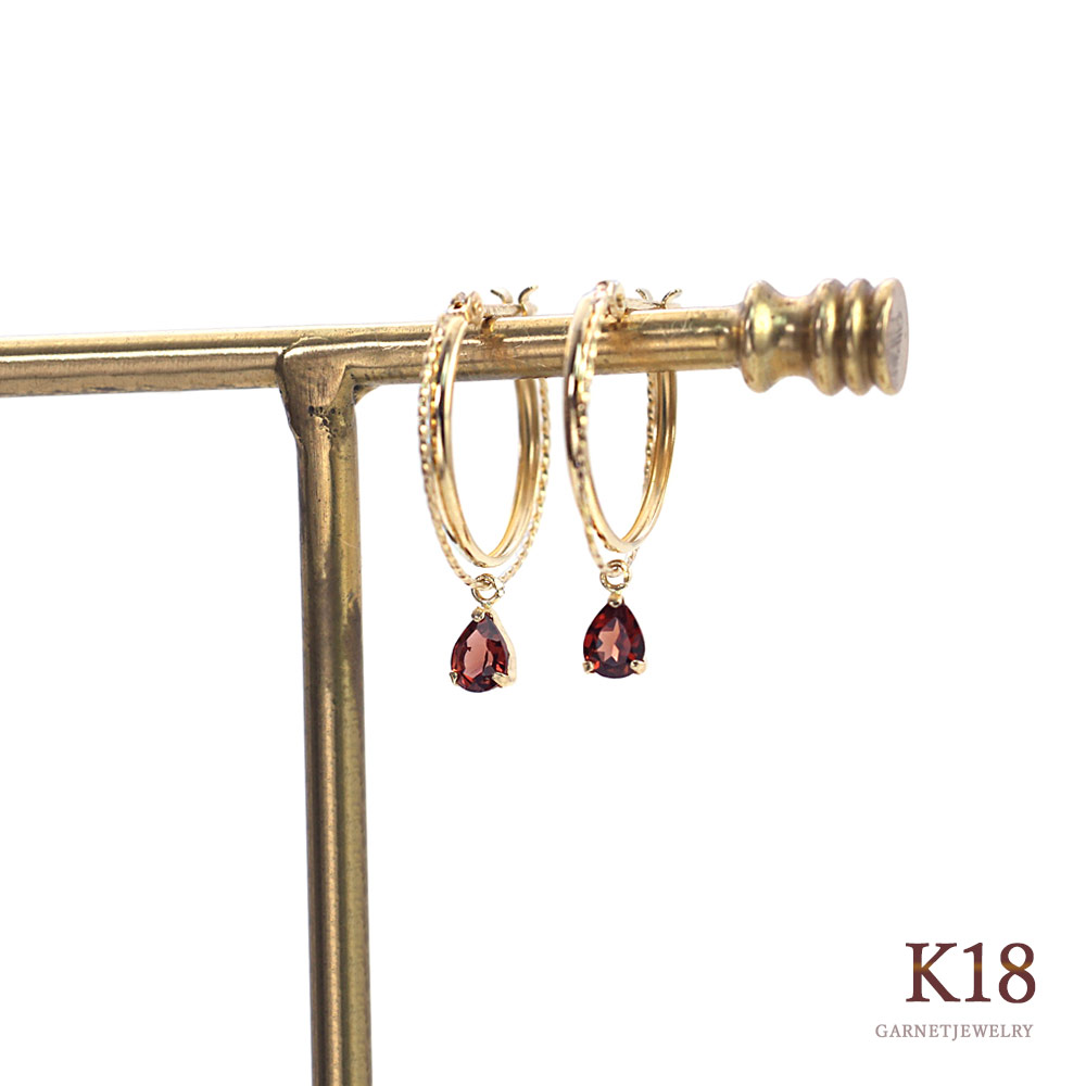 18金 ピアス フープ ガーネット 18k リング 輪っか 誕生日