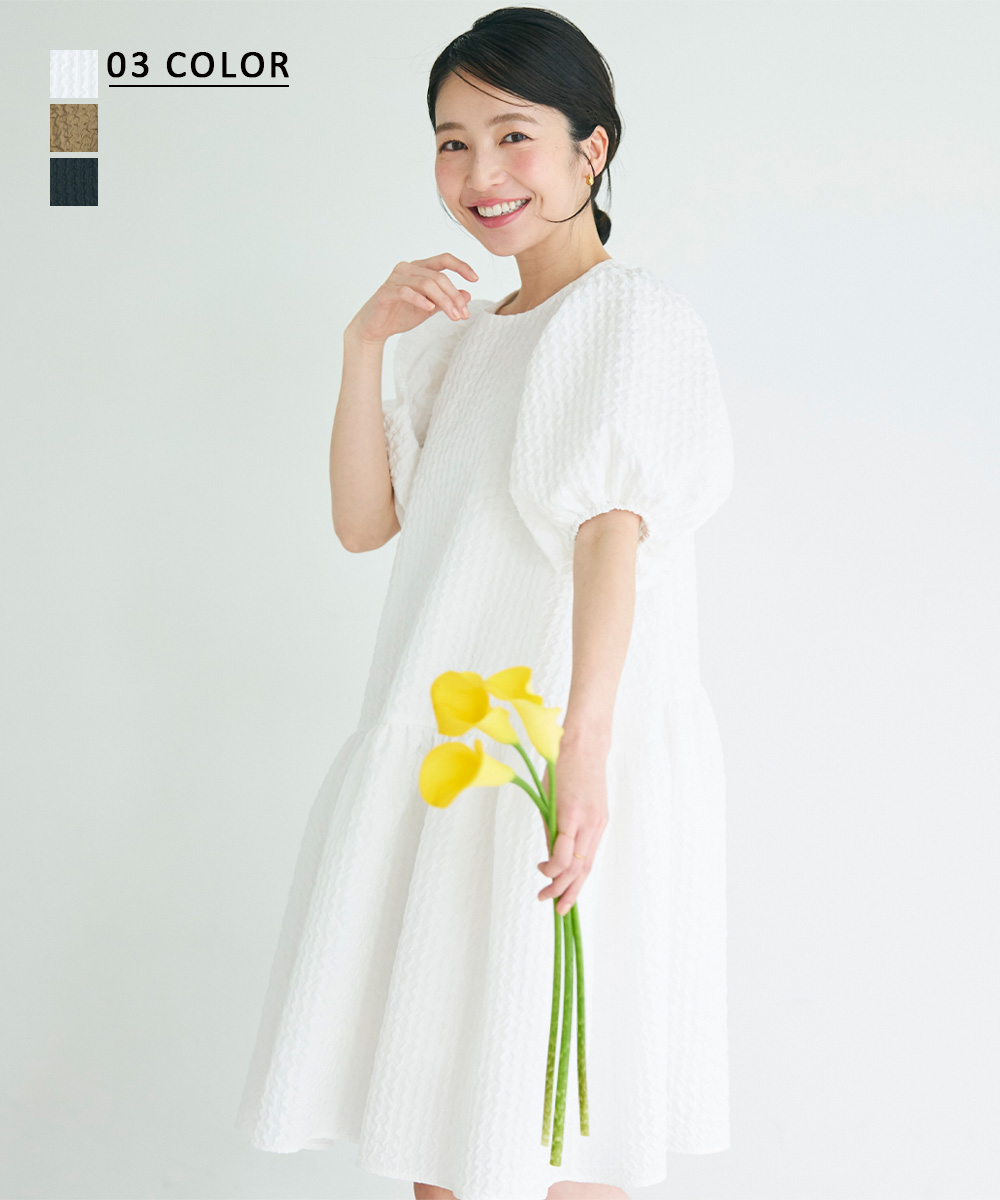 MIYU DESIGN】パフスリーブジャガードワンピース｜ワンピース