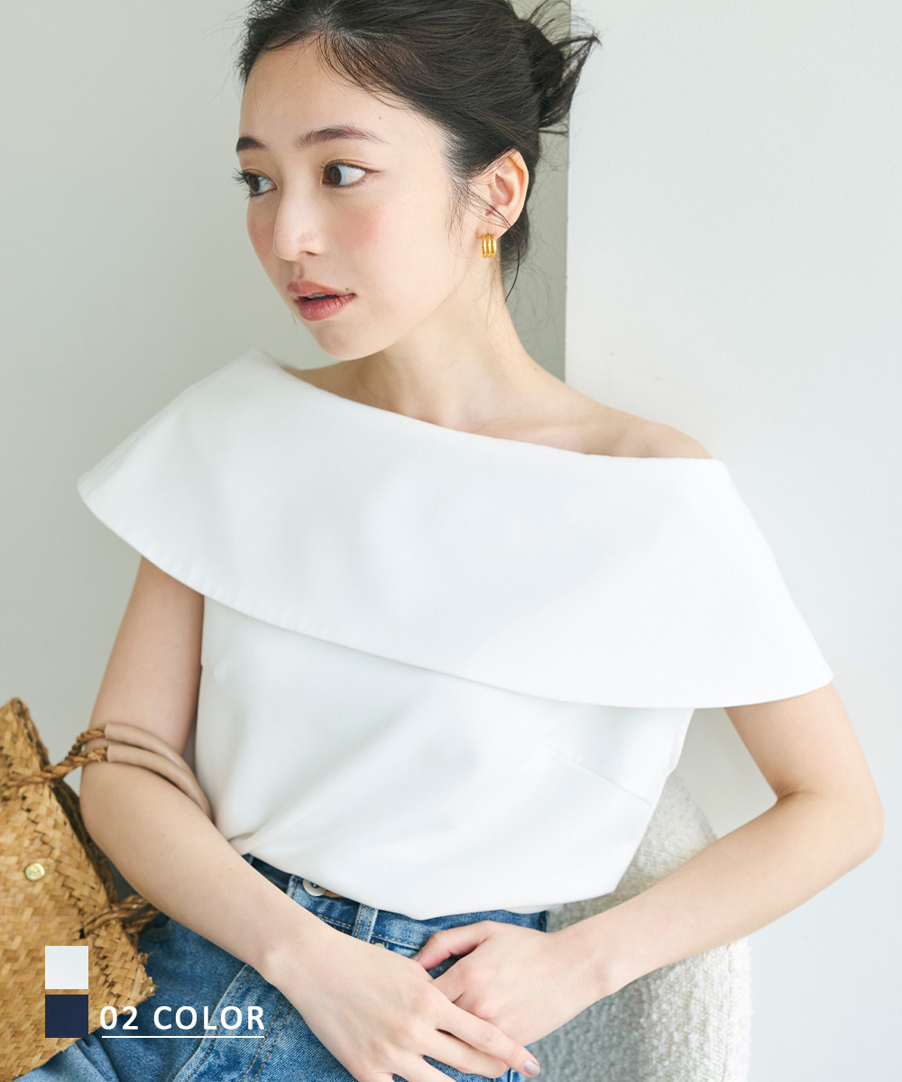 美品【サトカ】ケープブラウス Calla ホワイト ノースリーブ プルオーバー ケープブラウス｜ レディース オフショル ワンショル オフ