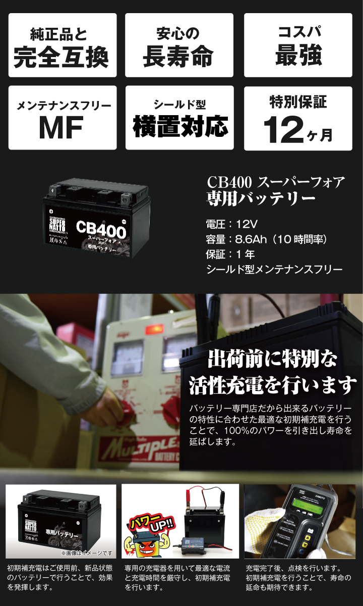 SUPER NATTO バイク用バッテリー＋充電器セット ホンダ CB400