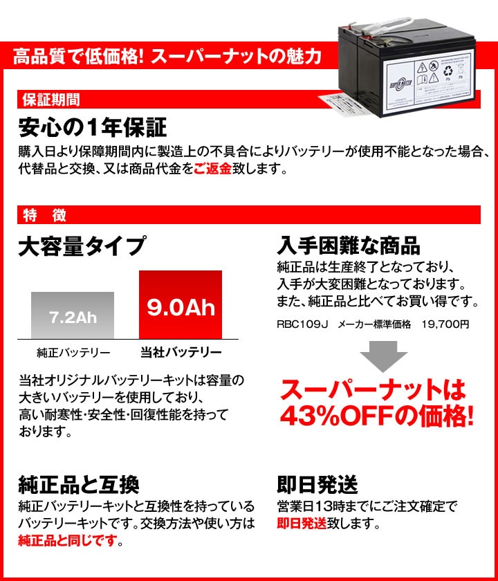 UPS(無停電電源装置) RBC109J-S 新品 (RBC109Jに互換) スーパーナット