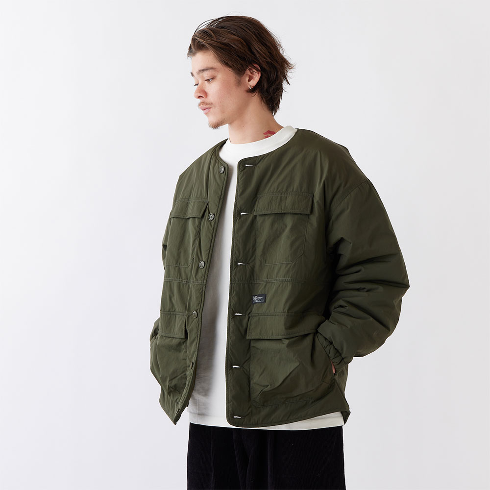 CLUCT クラクト中綿 ノーカラー ジャケット ブルゾン M オリーブ CLUCT