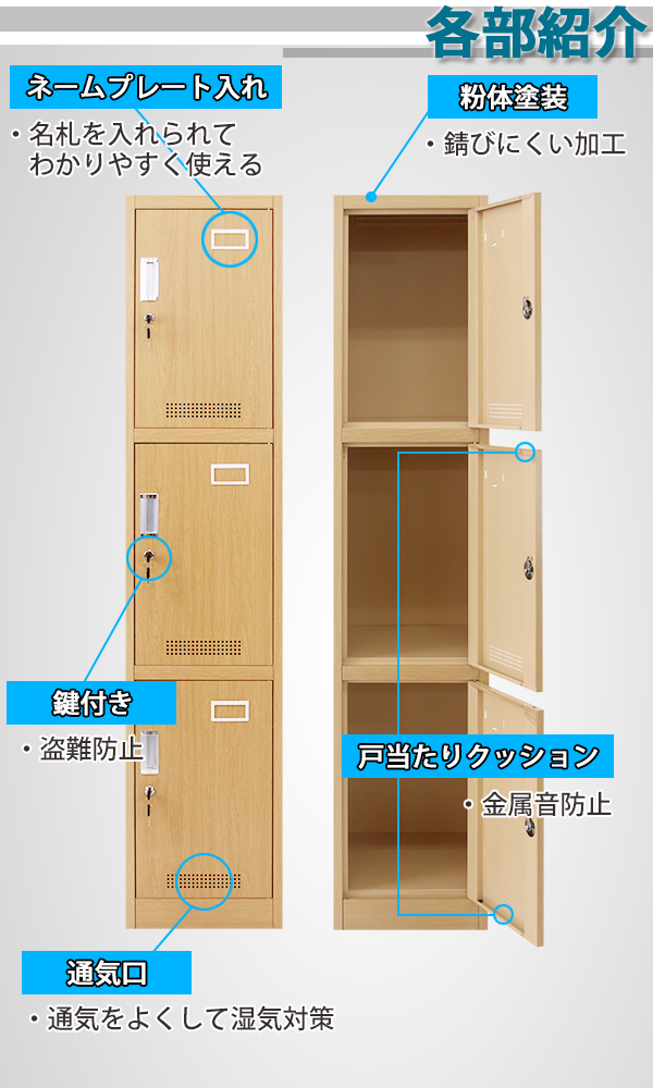 ロッカー おしゃれ スチールロッカー 3人用 木目調 鍵付き スペアキー